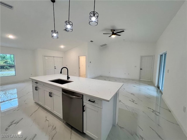 kitchen with stainless steel dishwasher, vaulted ceiling, sink, white cabinets, and a kitchen island with sink