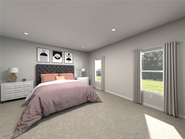 bedroom with light colored carpet