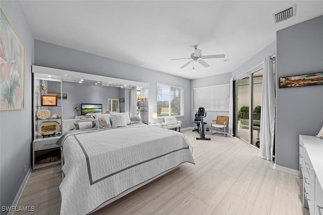 bedroom featuring ceiling fan and access to outside