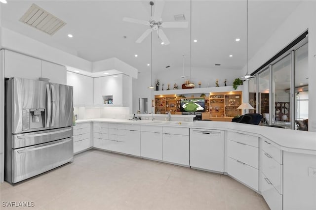 kitchen with stainless steel fridge with ice dispenser, white cabinetry, kitchen peninsula, ceiling fan, and white dishwasher