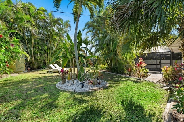 view of yard with glass enclosure