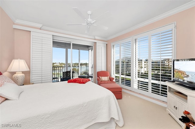 bedroom with crown molding, light carpet, access to outside, and ceiling fan