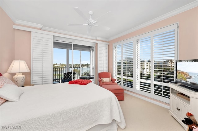 9811 Gulf Shore Dr Unit 301, Naples, FL 34108 - bedroom with access to outside, crown molding, light carpet, and a ceiling fan