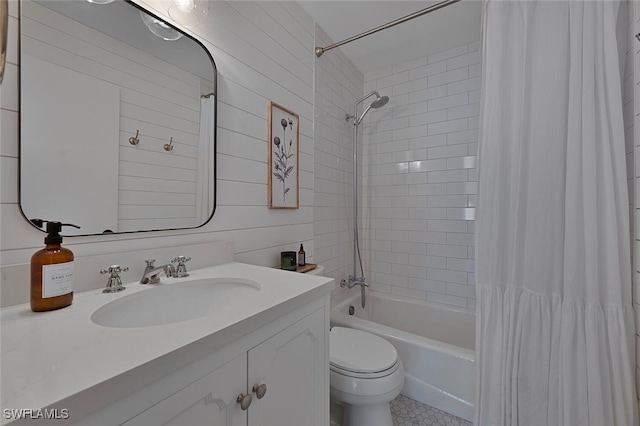 full bathroom with vanity, toilet, and shower / bath combo with shower curtain