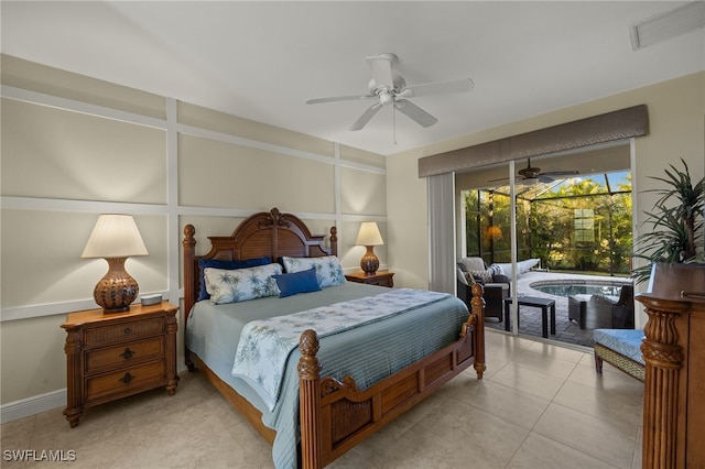 tiled bedroom with access to outside and ceiling fan