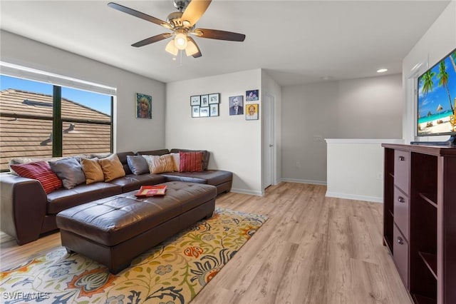 living room with ceiling fan and light hardwood / wood-style flooring