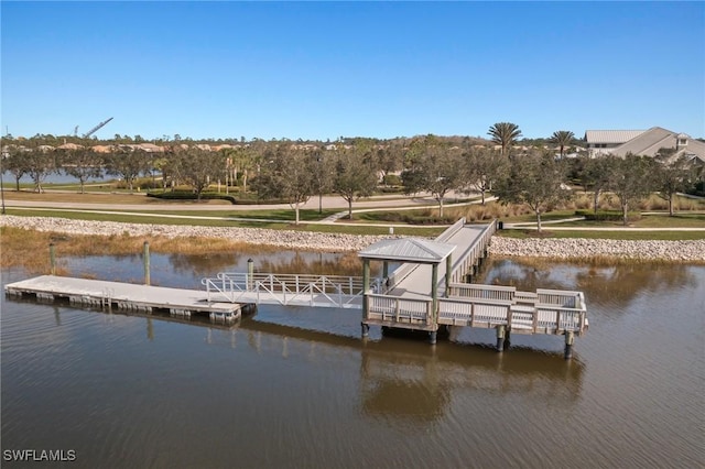 view of dock featuring a gazebo and a water view