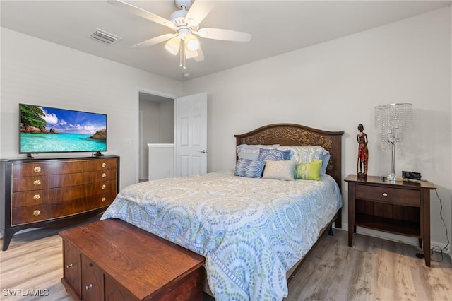 bedroom featuring ceiling fan and light hardwood / wood-style flooring