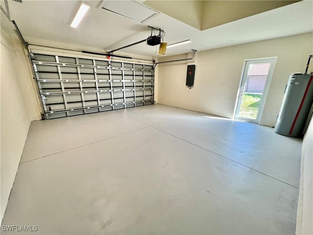 garage with a garage door opener, electric panel, and gas water heater