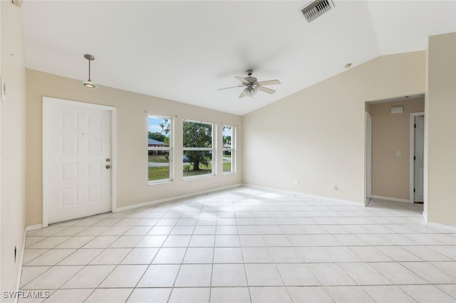 interior space with lofted ceiling and ceiling fan