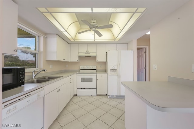 kitchen with white cabinetry, sink, and white appliances