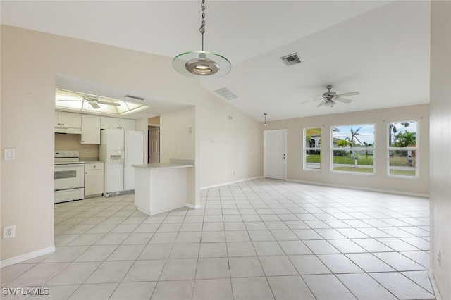 unfurnished living room featuring ceiling fan, light tile patterned flooring, and lofted ceiling