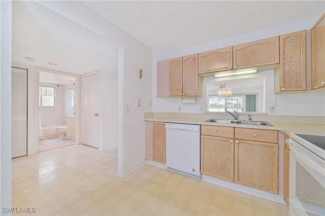 kitchen with light floors, white appliances, a sink, and light countertops