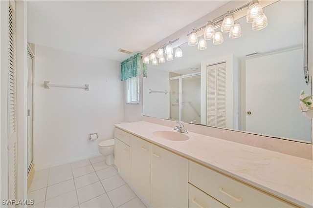 bathroom with tile patterned flooring, toilet, visible vents, a closet, and a shower stall