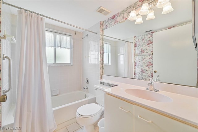 full bath with visible vents, toilet, shower / tub combo, vanity, and tile patterned floors