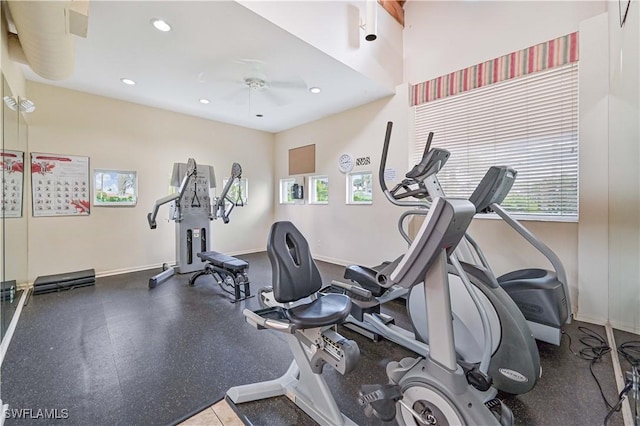 gym featuring a ceiling fan, recessed lighting, and baseboards