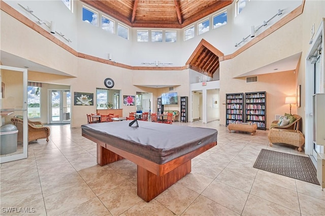 rec room featuring wooden ceiling, light tile patterned flooring, billiards, visible vents, and french doors