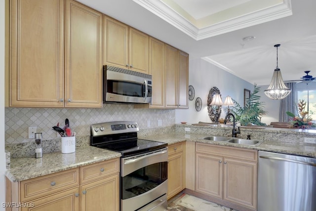 kitchen featuring backsplash, sink, light brown cabinets, stainless steel appliances, and ornamental molding