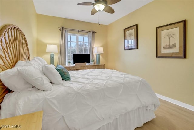 bedroom featuring ceiling fan and light hardwood / wood-style flooring