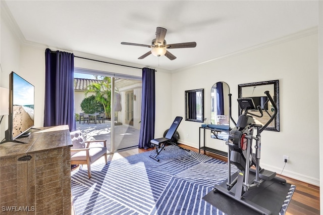 workout area featuring ornamental molding, hardwood / wood-style floors, and ceiling fan