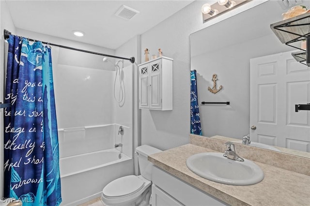 bathroom featuring visible vents, shower / bathtub combination with curtain, toilet, and vanity