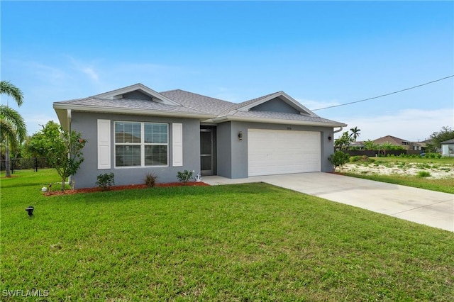 ranch-style home with a garage, concrete driveway, a front lawn, and stucco siding