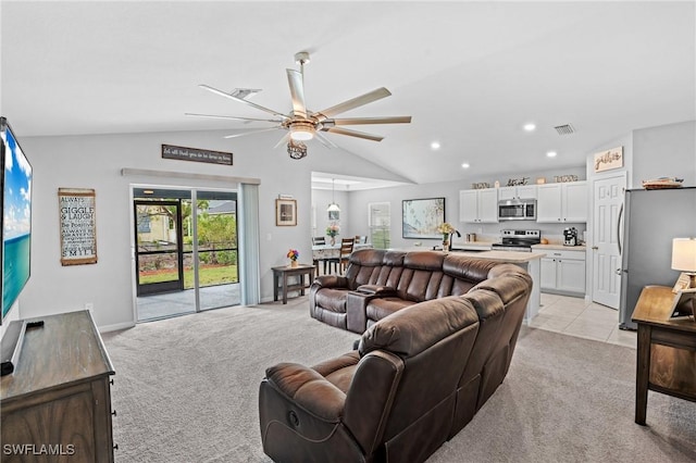 living room with recessed lighting, visible vents, a ceiling fan, light carpet, and vaulted ceiling