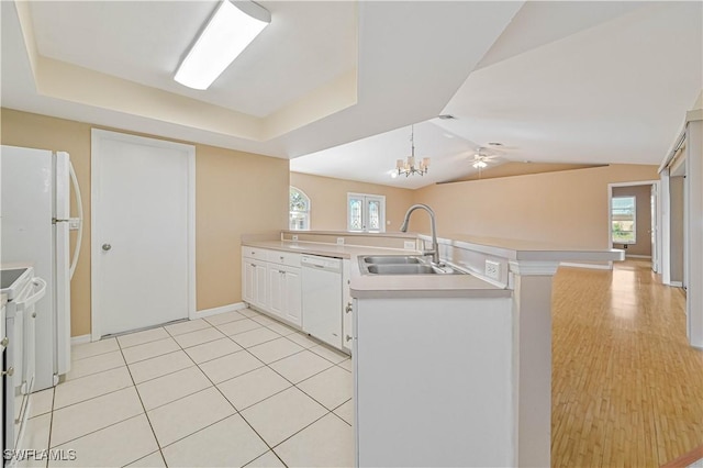 kitchen featuring white cabinetry, sink, kitchen peninsula, a healthy amount of sunlight, and white appliances