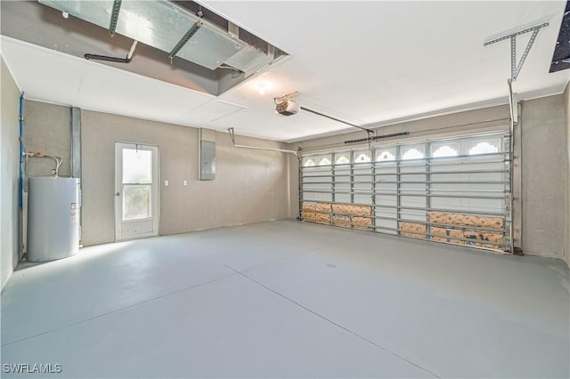 garage with a garage door opener, electric panel, and water heater