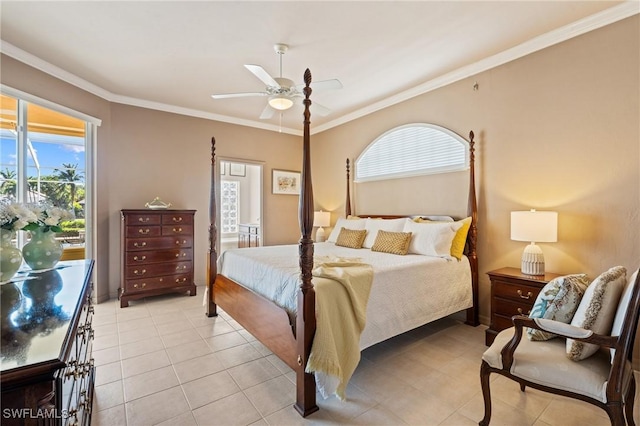 tiled bedroom with ornamental molding and ceiling fan