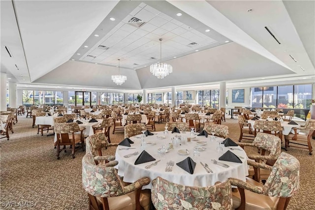 dining room with high vaulted ceiling, a chandelier, and carpet flooring