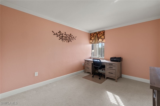 office space with light colored carpet and crown molding