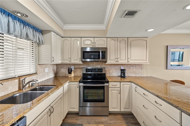 kitchen with appliances with stainless steel finishes, crown molding, light stone counters, and sink