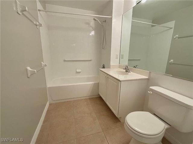 full bathroom featuring toilet, tile patterned flooring, vanity, and bathing tub / shower combination