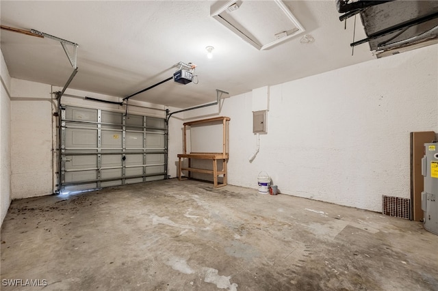 garage featuring electric water heater, electric panel, and a garage door opener