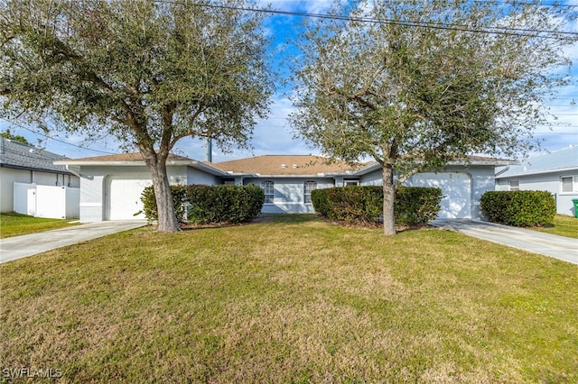 ranch-style house with a garage and a front yard