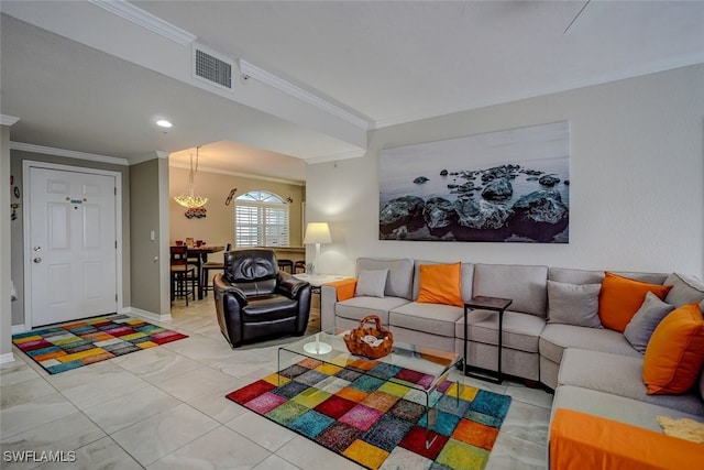 living room featuring crown molding and light tile patterned flooring