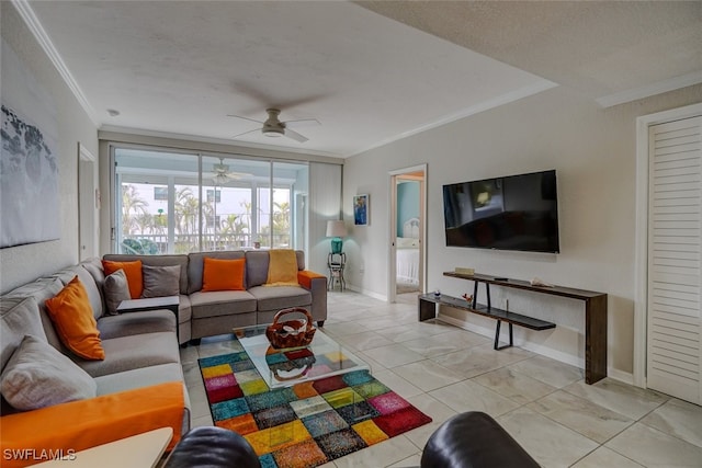 tiled living room featuring crown molding and ceiling fan