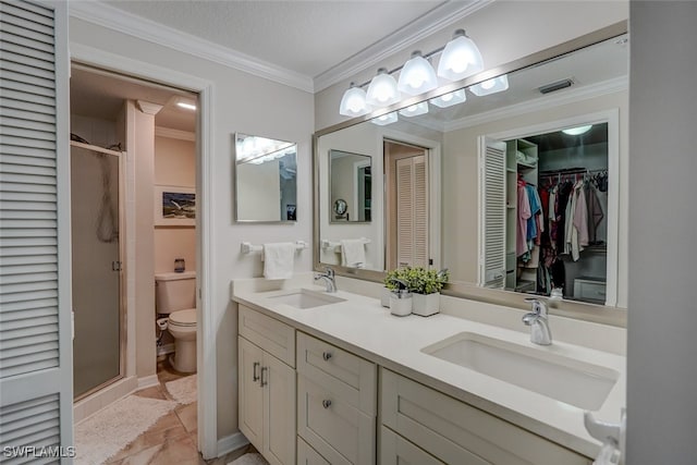 bathroom featuring walk in shower, toilet, a textured ceiling, ornamental molding, and vanity