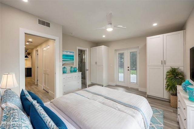 bedroom featuring recessed lighting, visible vents, access to exterior, french doors, and light wood finished floors