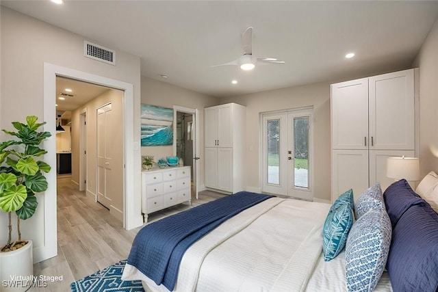 bedroom with recessed lighting, a ceiling fan, visible vents, french doors, and light wood-type flooring