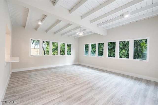 unfurnished room with lofted ceiling with beams, wood ceiling, light wood-style flooring, and baseboards