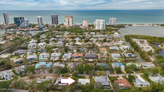 drone / aerial view with a water view and a city view