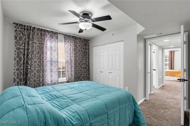 bedroom featuring ceiling fan, a closet, and carpet floors