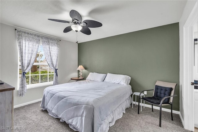 bedroom featuring ceiling fan and carpet