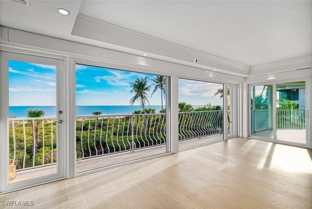 unfurnished sunroom with a water view and a healthy amount of sunlight