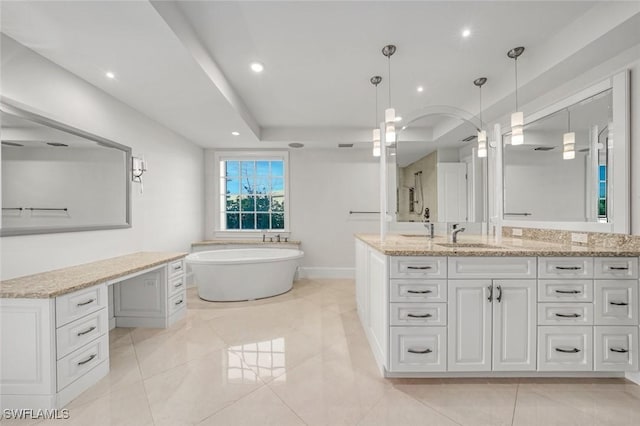 bathroom with separate shower and tub, vanity, tile patterned flooring, and a tray ceiling