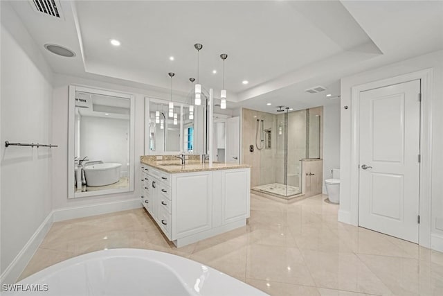 full bathroom featuring a raised ceiling, vanity, toilet, and shower with separate bathtub