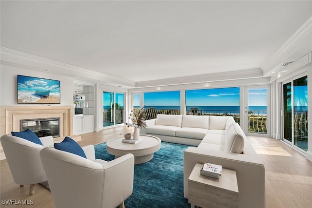 living room featuring light wood-type flooring, a fireplace, built in features, and a water view