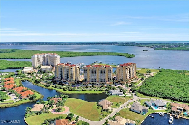 drone / aerial view featuring a water view